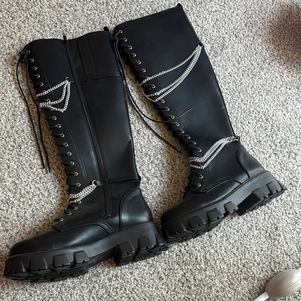 Black Lace-Up Knee-High Boots with Chain Detail